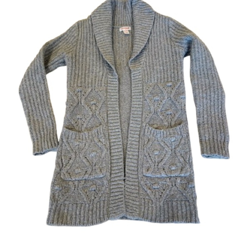 Gray Long Cardigan Sweater with Ribbed Knit - NEW